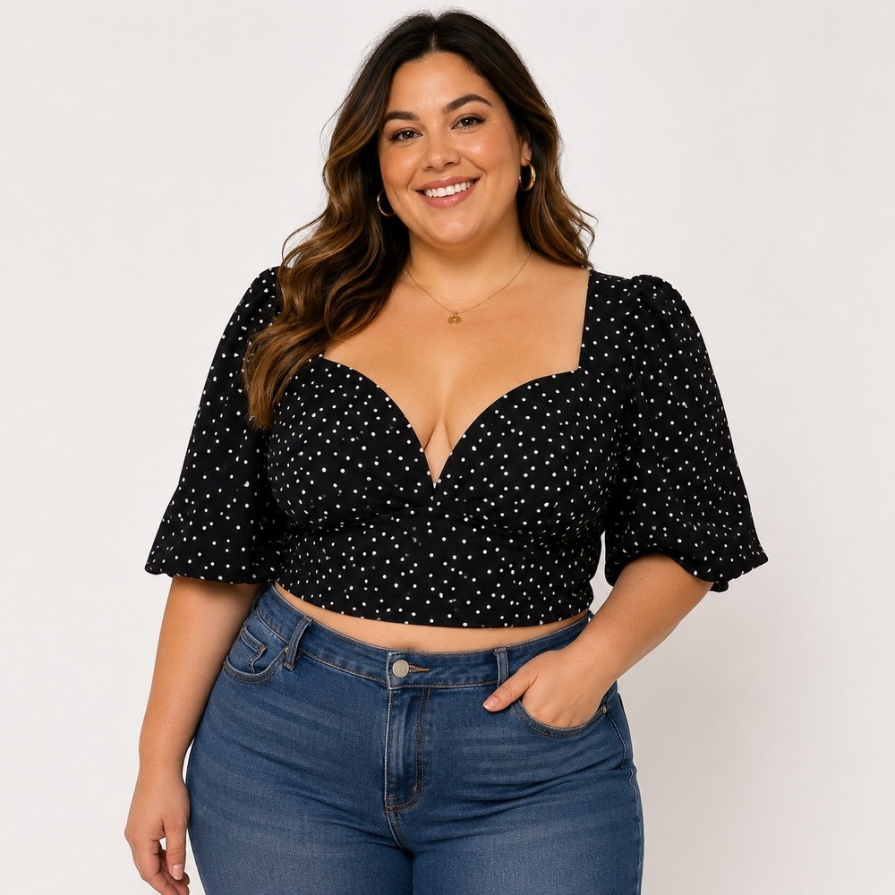 PrettyLittleThing Black Polka Dot Puff Sleeve Structured Crop Top US 14 CML0184